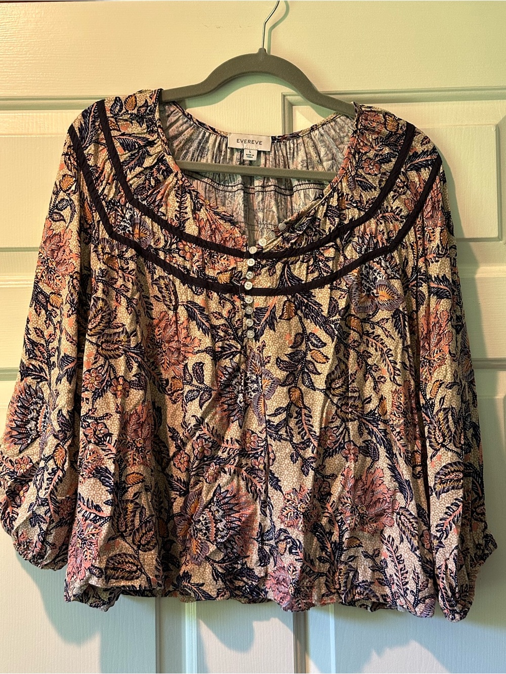 Evereve Floral Button-Pleat Peasant Top - Pink, Navy & Cream